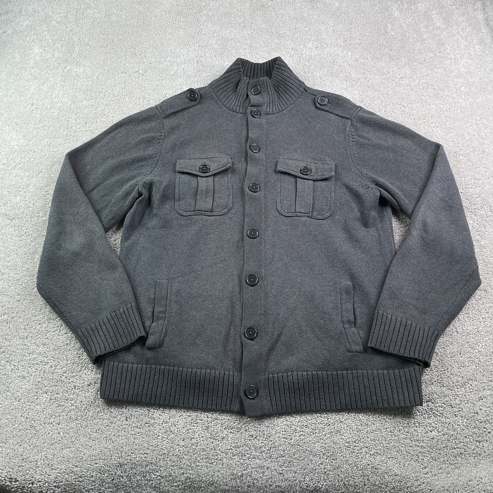 Old‎ Navy Cardigan Sweater Mens Large Grey Cotton Military Epaulets Academia